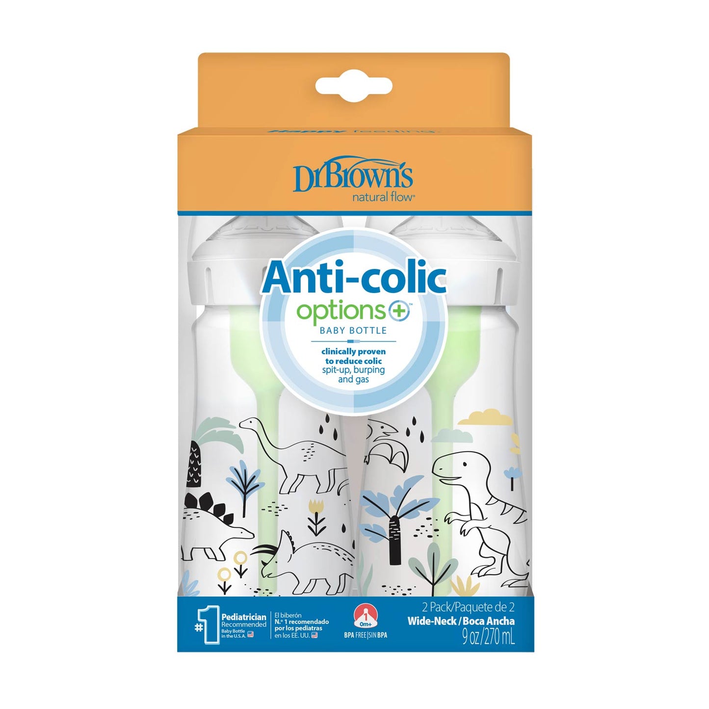 Dr. Brown’s Natural Flow Anti-Colic Options+ Wide-Neck Baby Bottle, 9oz/270mL, 2-Pack